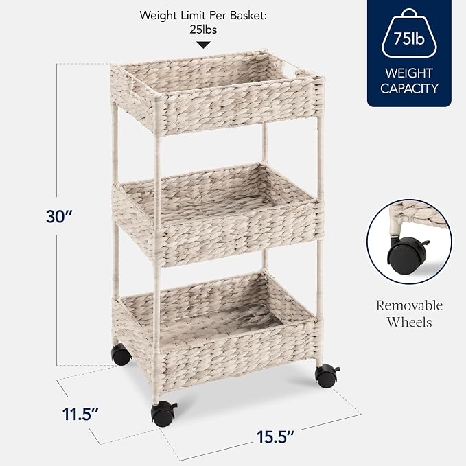 Best Choice Products 3-Tier Water Hyacinth Rolling Nursery Caddy w/Wheels, Utility Cart, Storage Organization for Bathroom, Craft Room, Laundry Room - Whitewash - Image 2