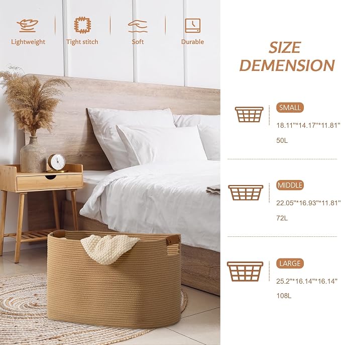 Large Blanket Basket for Living Room, 72 L Woven Cotton Rope Baskets for Kids Toy, Pillows, Towels, Cotton Organizing with leather handle, Storage Bin for Nursery, 22’’*17’’*11.8’’ Jute - Image 3