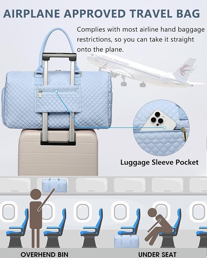 Women Weekender Travel Duffle Bag: Travel Duffel Overnight Bags with Shoe Compartment Large Carry on Tote with Toiletry Bag Weekend Traveling Yoga Gym Hospital Bag for Women with Wet Pocket Light Blue - Image 7