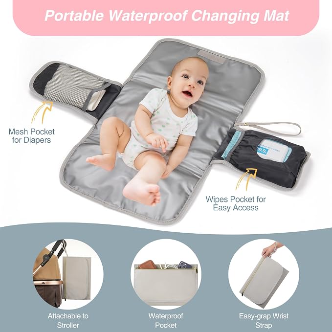 Diaper Bag Backpack, Quilted Baby Bag with Changing Pad and Stroller Straps and Pacifier Case, Multifunction Waterproof Travel Diaper Bags, Unisex, Light Grey and Pink - Image 2