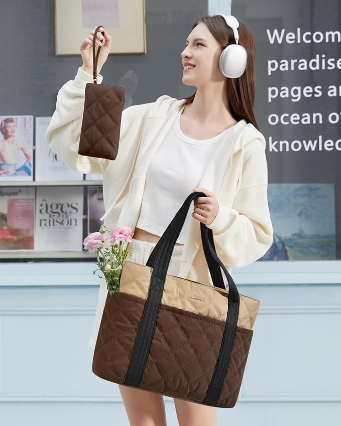 LOVEVOOK Puffer Tote Bag for Women, Puffy Work Handbag with Cup Holder, Travel Carry On Bag with Zipper for Teacher Nurse Gym - Image 3