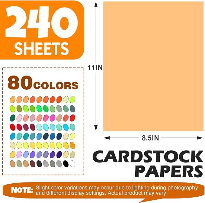 TUXIYA 240 Sheets 8.5" X 11" Colored Cardstock, 80 Colors Card Stock | 180GSM/65LB 80 Assorted Colors Construction Paper Printer Paper for Printing, Card Making, DIY Crafts, School Supplies,Party - Image 2