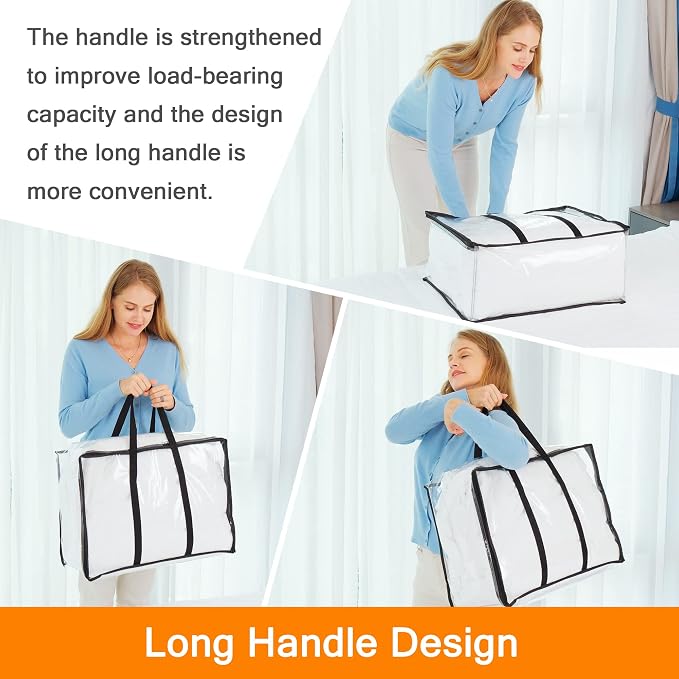 3 Pack Clear Storage Bags 110L Over-Sized Clothes Bags with Double Zippers Sturdy Handles Tote Moving Bags for Duvet, Comforters and Blankets Organizer | Plastic Storage Bag, Foldable Closet Organizer, For Comforter Blanket Bedding Duvet Toys, Moving Bags - Image 4