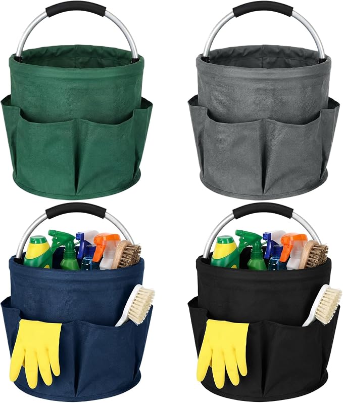 LemonRoad 4 Pack Cleaning Caddy with Handle 17L Foldable Cleaning Supplies Organizer Oxford Cloth Storage Basket with 6 Pockets Portable Multi Bucket Bag for Home Garden(Black,Gray,Navy Blue,Green) by Unknown