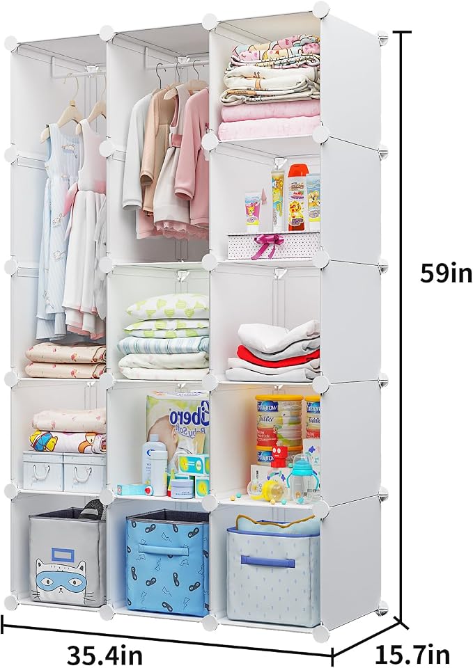 Modular Baby Wardrobe Closet, Portable Children Organizers and Storage for Nursery,15 Cubes with Hanging Rods,Multi-Functional Kids Storage Shelf-Bedroom Clothes Armoire (Boys & Girls) - Image 5