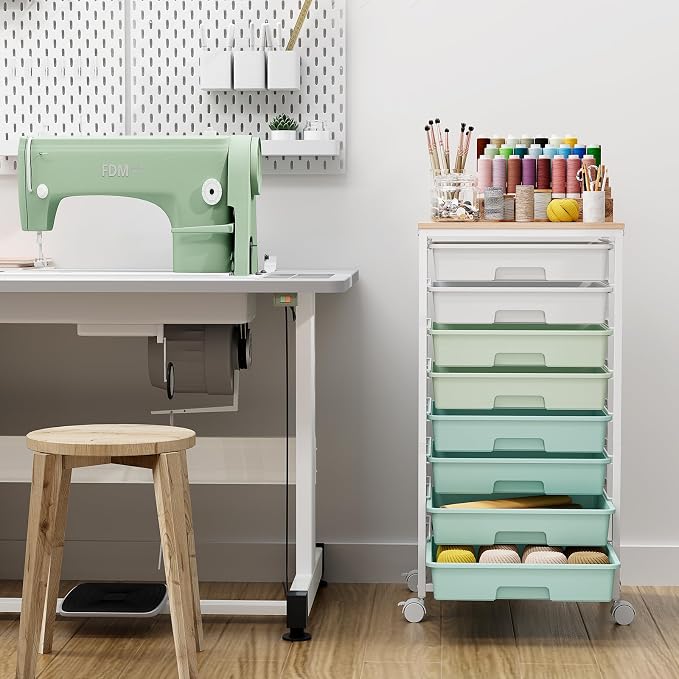 Storage Cart with 8 Drawers, Utility Cart with White Drawers and Wooden Tabletop, Craft Cart, Teacher Organization for Classroom, Storage Furniture, Office Organization, Green | Utility Cart on Wheels with Wooden Tabletop,Teacher Organization for Class... - Image 6