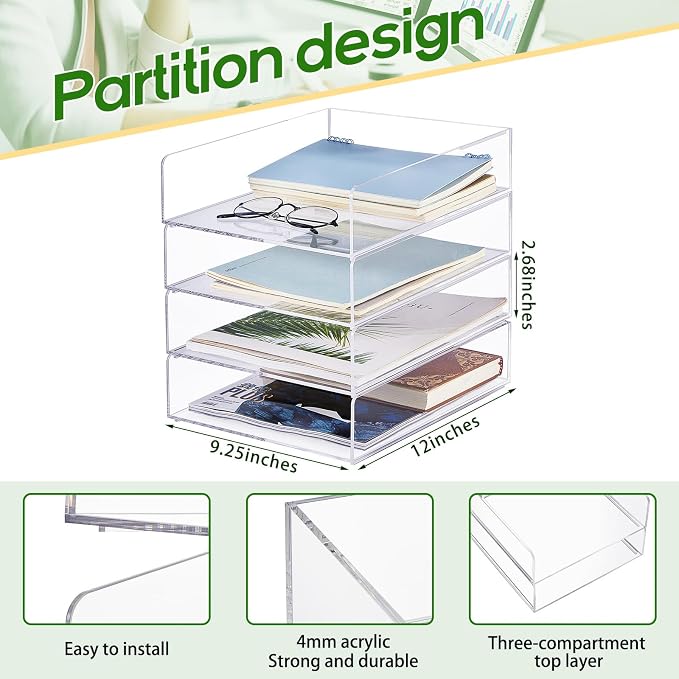 Harloon 4 Tier Paper Organizer Letter Tray Acrylic Desk File Organizer Heavy Duty Stackable Documents Clear Letter Paper Holder Sorter Office Tray for A4, Office Classroom Home File Pad Notebooks - Image 2