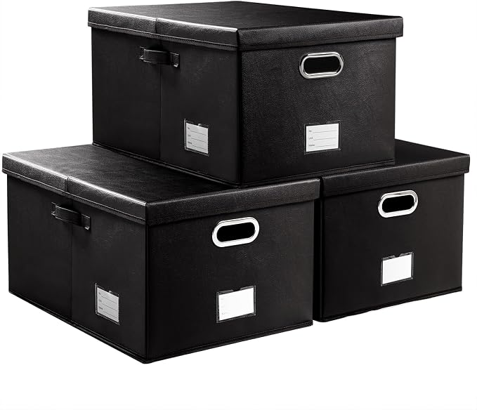 Collapsible Storage Box with Lid [3-Pack] Leather Fabric Foldable Storage Bin Organizer Container Basket Cube with Cover for Home Bedroom Closet Office Nursery Black(22.8X15.7X11.8) by Prandom