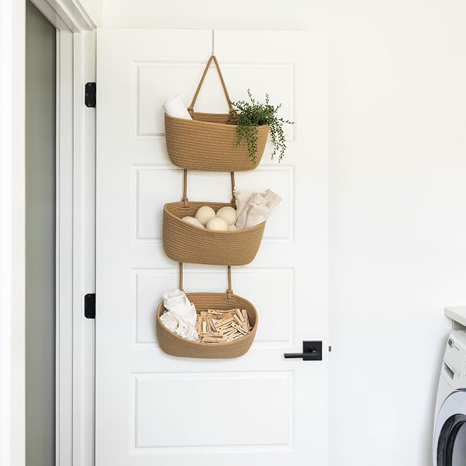 3-Tier Over the Door Hanging Basket (Set of 2) Adjustable, Detachable Woven Storage Baskets with Wall and Door Hooks - Decorative Boho Organizer for Nursery, Playroom, Bedroom, Kitchen, Apartment - Image 4