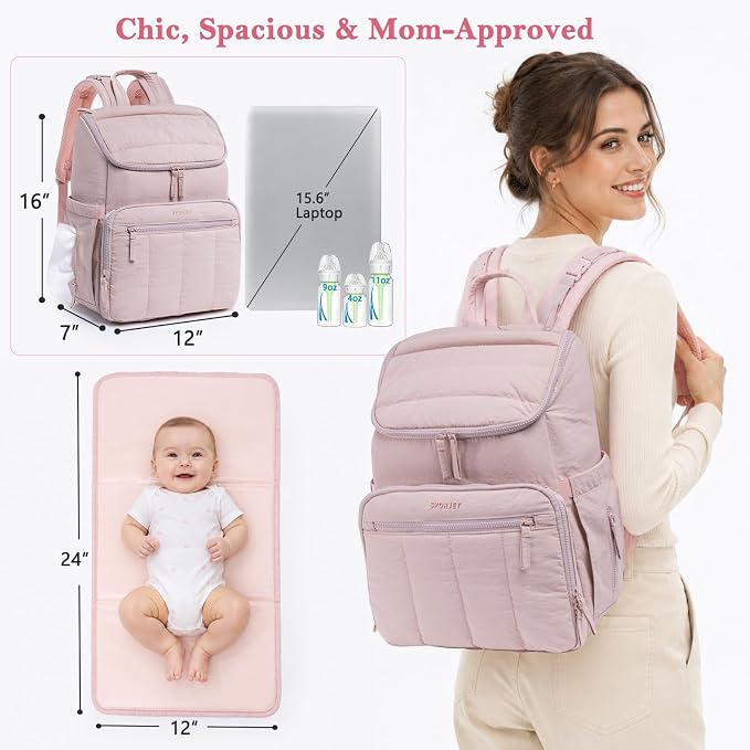 Puffy Diaper Bag Backpack for Mom, Lightweight Quilted Baby Bag with Waterproof Changing Pad, Large Travel Diaper Backpack with Insulated Bottle Pockets, Wipes Pocket, Stroller Straps - Image 5