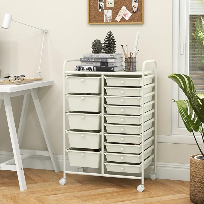 15 Drawer Rolling Storage Cart, Rolling Cart with Drawers for Classroom, Art Supply Craft Organizer on Wheel with Metal Frame & Handles for Home Office School - Image 7