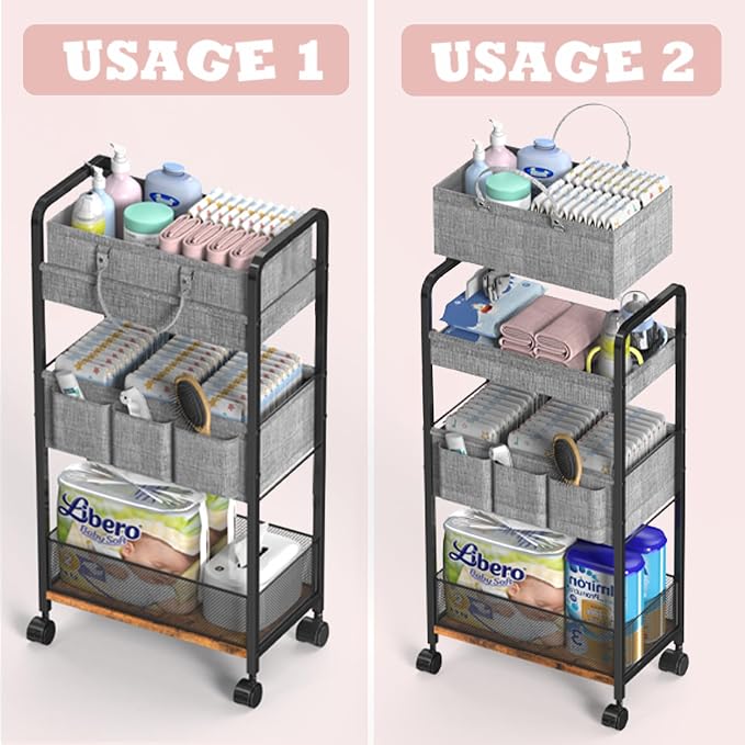 LIDTOP 2In1 Baby Diaper Caddy & 3-Tier Rolling Diaper Cart, Diaper Caddy Organizer Cart with Dividers, Mobile Metal Utility Cart for Nursery Essentials, Detachable Bedside Cart, Large Capacity - Image 3