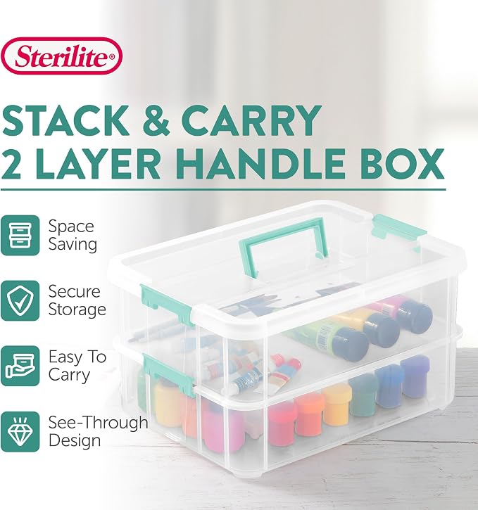 Sterilite Stack & Carry 2-Layer Handle Storage Box with Lids, 4-Pack | Clear and Stackable Plastic Containers for Organizing Holiday Decor, Home Items, Office Accessories, and Desk Essentials - Image 2