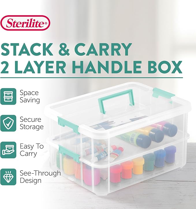 Sterilite 8-Pack Stack & Carry, 2 Layer Handle Box for Home & Office Storage - Clear Base & Lid with Color Latches, Organizer for Art & Craft Supplies, Sewing Tools or 8.5" x 11" Paper - Image 3