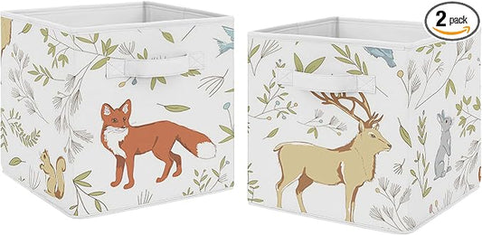 Sweet Jojo Designs Woodland Animal Toile Foldable Fabric Storage Cube Bins Boxes Organizer Toys Kids Baby Childrens for Collection Set of 2 by SweetJojoDesigns