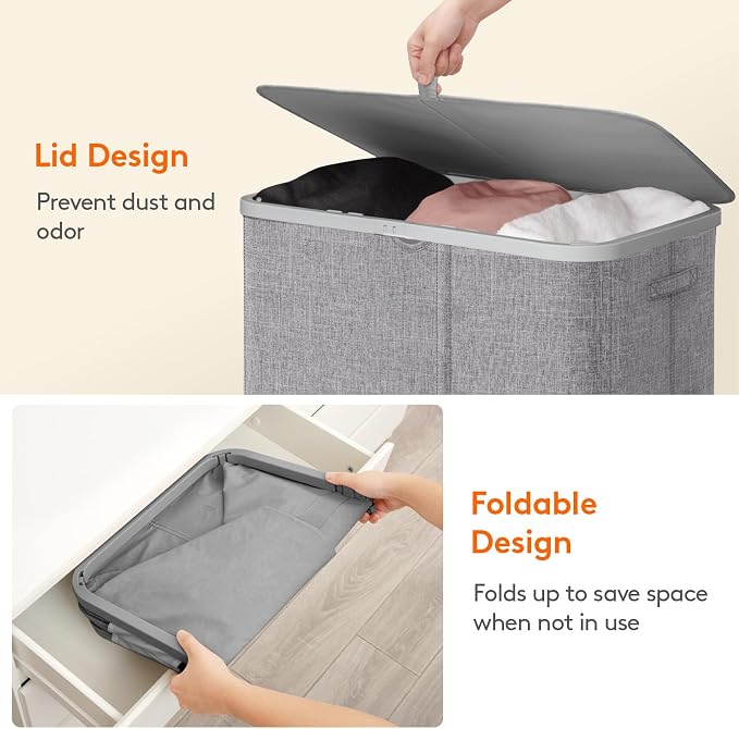 Lifewit 185L 3 Section Laundry Hamper with Lid, Laundry Basket, Light Gray | Large Foldable Laundry Sorter with 3 Removable Bags, Tall Clothes Hamper for Bedroom and Bathroom - Image 8