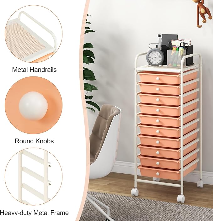 GOFLAME 10-Drawer Rolling Storage Drawer Cart, Utility Cart with Removable Drawers & Metal Frame, Mobile Art Craft Drawer Cart with Lockable Wheels for Home, Office, Studio, School, Peach Fuzz - Image 6