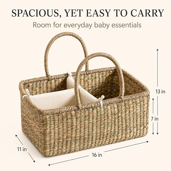 Premium Wicker Baby Diaper Caddy Organizer, Woven Seagrass Basket with Handles, Diaper Basket with Dividers (Rectangle) - Image 3