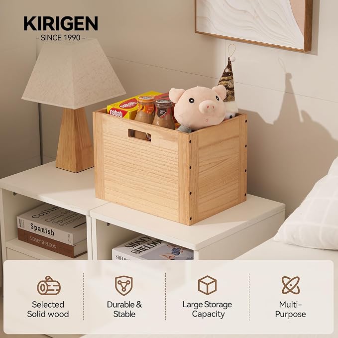 KIRIGEN Stackable Wood Storage Cube with Handles, Open Cubby Bin, Natural | Open-Front Wooden Crate Box for Books, Clothes, Shoes, Closet Storage, and Display for Home Office, Assembly Required - Image 7