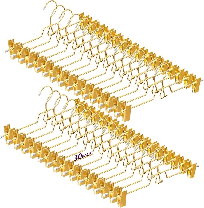 30 Pack Gold Pants Hangers with Hooks, Stackable Pants Hangers | Upgrade Heavy Duty Metal Skirts Hangers, with 2 Adjustable Clips for Pants, Jeans, Slacks, Women Skirts by WSJYKN