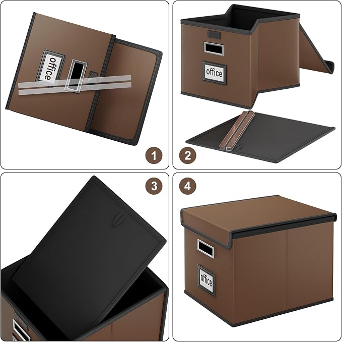File Organizer Box with Lids, Collapsible File Folder Organizer | File Box with Plastic Slides for Document, Filing Bin for Letter Size Hanging File Folders (2 Pack, Dark Brown, Leather) - Image 7