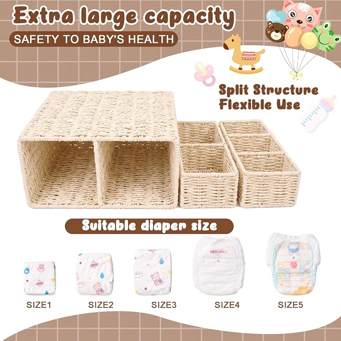 Large Wicker Diaper Caddy Organizer, Detachable Modular Changing Table Organizer for Nursery, Woven Diaper Storage Dispenser Basket for Nursery Diapering Baby Essentials Gift(White,Paper) - Image 3
