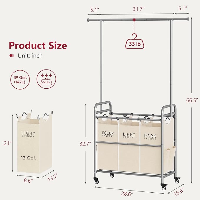 Laundry Hamper with Hanging Rack, Laundry Sorter 3 Section, Beige | 39 Gal Rolling Laundry Cart with Heavy Duty Lockable Wheels and Removable Bags for Laundry Room, Bedroom & Family - Image 7