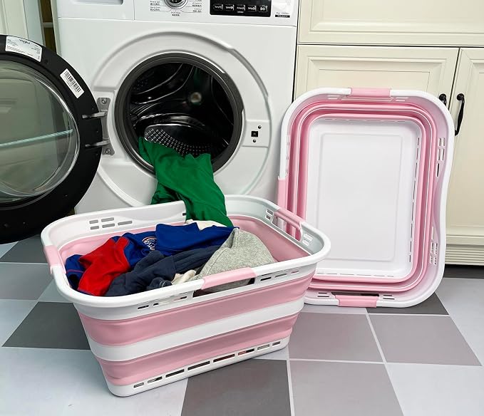 SAMMART Set of 2 Collapsible Plastic Storage Basket - Foldable Pop Up Storage Container - Portable Laundry Organizer - Space Saving Hamper (White/Cherry Pink, 42L (Style A)) - Image 3