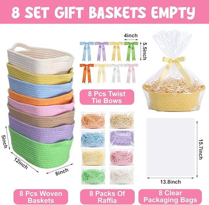 Hoolerry 8 Set Small Woven Gift Basket Empty with Bag Bow Raffia Pastel Cotton Rope Storage Box with Handle for Toy Storage Nursery Shelf Organizing Baby Shower Birthday Gift Basket, 12"x 8" x 5" - Image 3