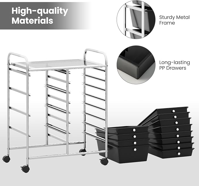 COSTWAY 12 Drawer Rolling Storage Cart, Utility Cart with Metal Frame | Mobile Art Supply Craft Organizer, Multipurpose Storage Organizer for Paper, Office, School Teacher, Classroom, Black - Image 7