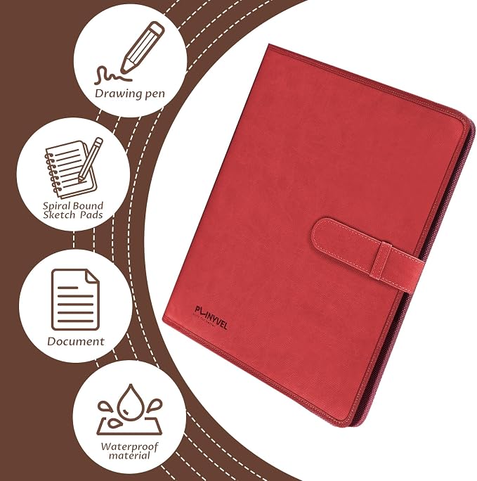 Plinyvel Red Leather Sketchbook Cover 5.5x8.5, Travel Drawing Portfolio | Portable sketch kit organizer, pencil holder, Fits 5.5x8.5 Sketch Book, Spiral Pad, Compact artist storage case - Image 6