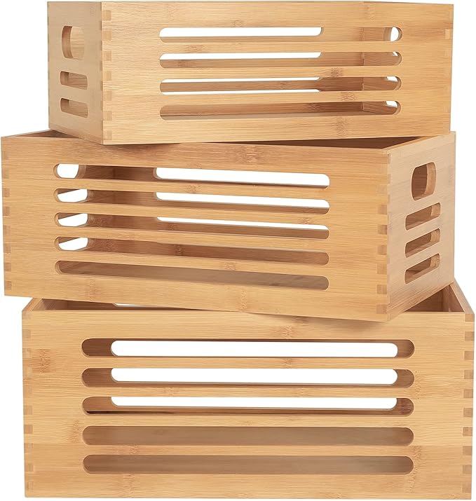 ANMINY Wood Storage Bins Crates, Nesting 3PCS, Mortise-Tenon | Natural Bamboo Boxes Bins with Built-in Handles, Sturdy Corner Joints, Hollow Stripe Design, Nestable for Pantry Shelf - Image 2