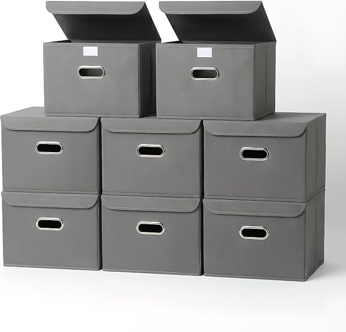 8-Pack Large Collapsible Storage Bins with Lids,Fabric Storage Cubes Organizer for Shelves,Closet,Nursery,Foldable Cube Storage Baskets with Handles,Home Boxes (14.9"x9.8",Grey) by SEVENDOME