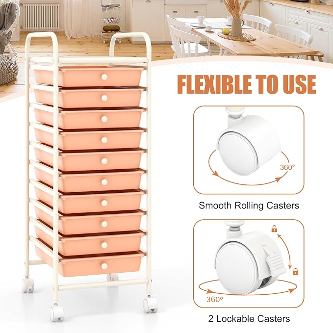 GOFLAME 10-Drawer Rolling Storage Drawer Cart, Utility Cart with Removable Drawers & Metal Frame, Mobile Art Craft Drawer Cart with Lockable Wheels for Home, Office, Studio, School, Peach Fuzz - Image 5