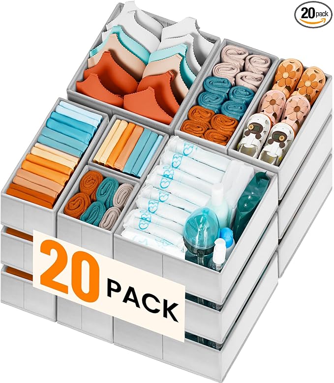 【FAMILY PACK】Drawer Organizer Clothes, 20 Pack Dresser Organizer Bins for Baby Clothes - Underwear Bra Sock Organizer - Fabric Closet Organization and Storage Dividers for Nursery Bedroom Dorm by Criusia
