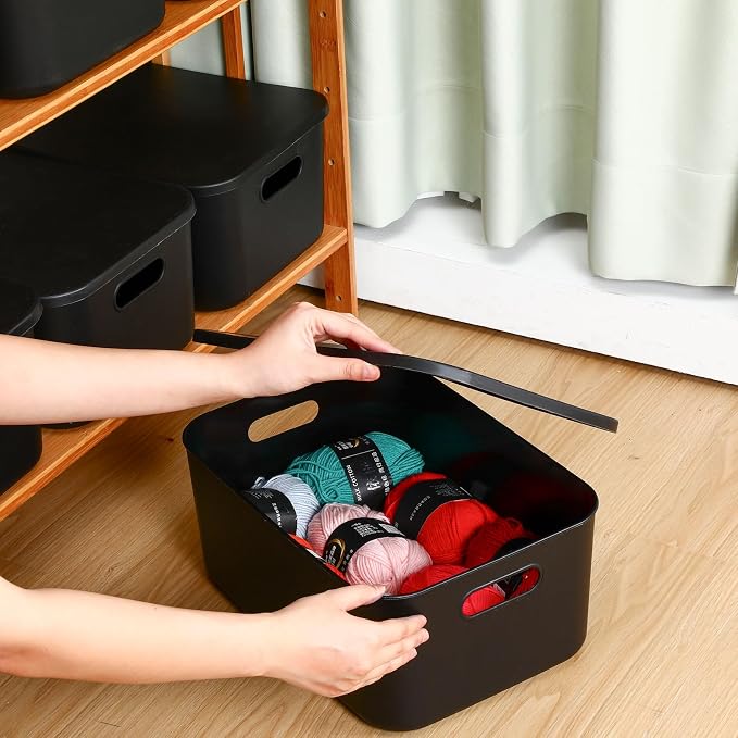 8 Pack Storage Bins, 13.8 X 9.8 X 5.9 Inch Black | Plastic Stackable Containers with Lid Handle, For Shelves Desktop Playroom Office, Organizing Toys Books Supplies Storage - Image 6