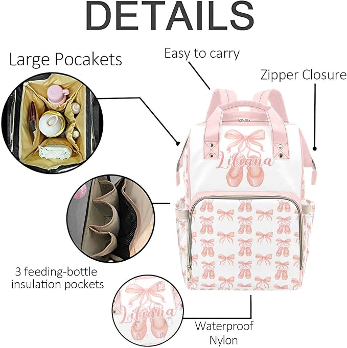 Personalized Pink Bow Diaper Bag Backpack with Custom Name – Waterproof Multi-Pocket Baby Nappy Bag for Moms and Dads – Large Capacity Travel Backpack & Shower Gift for Baby - Image 5