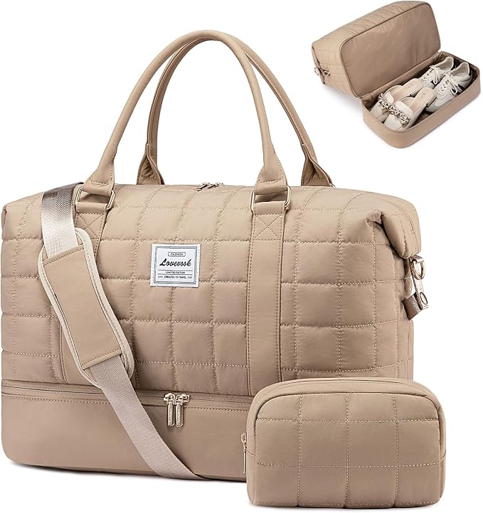LOVEVOOK Large Duffle Bag for Travel, Puffer Weekend Bags for Women Travel Tote, Carry on Duffel Bag for Airplanes, 18 Inch Personal Item Bag Gym Bag Women, Coffee by LOVEVOOK