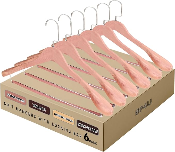Wide Shoulder Wooden Hangers with Locking Bar, Cedar Wood, 6-Pack | Non-Slip Suit Hangers with Flat-Head Hook for Suits, Jackets, Coats, Shirts, Outerwear and Heavy Clothes by BP4U%E2%84%A2