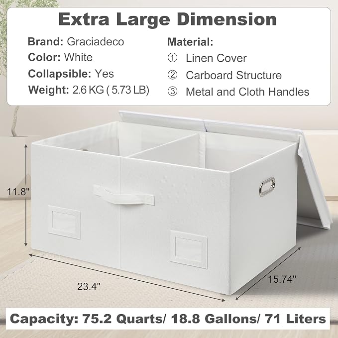 Graciadeco 75 Quarts Extra Large Decorative Storage Bins with Lids, 1 Pack White Collapsible Storage Bins with Lids, Stackable Storage Bins Decorative Box Storage With Lid Extra Large | 75 Quarts 1 Pack White Collapsible Stackable Linen Fabric 4 Handle... - Image 2