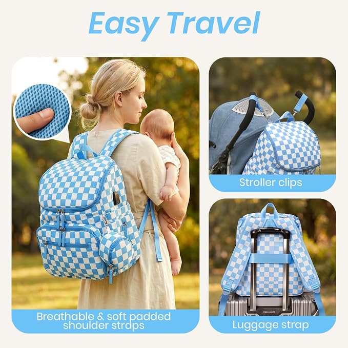 FHELAD Checkered Diaper Bag Backpack with Changing Pad & Stroller Clips | Baby Diaper Bag, Baby Shower Gifts, 4 Insulated Bottle Holders, Wet Wipe Pocket, Luggage Strap - Image 6