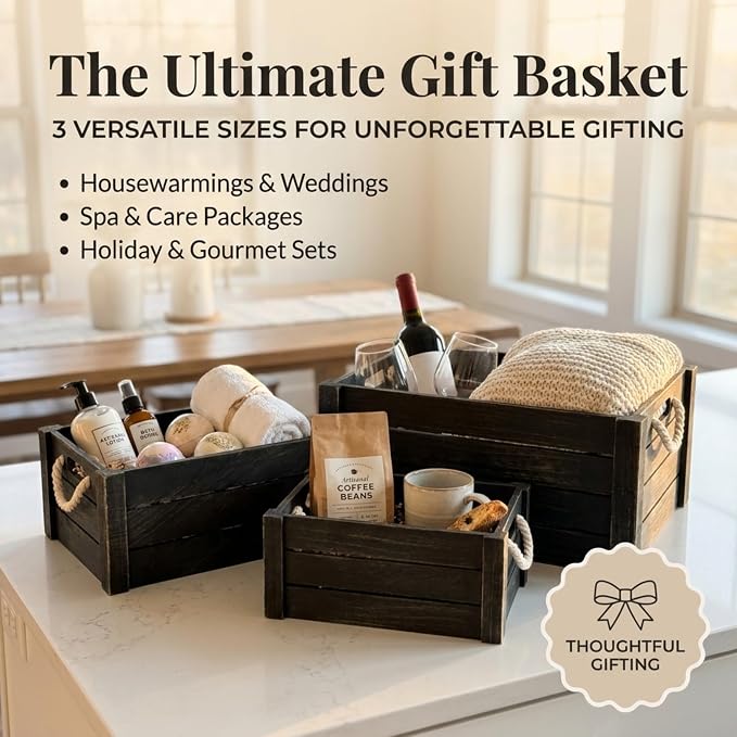 Set of 3 Black Wooden Crates with Rope Handles, Nesting Decor Storage Boxes | Rustic Farmhouse Organizer for Kitchen, Living Room, Bathroom, or Pantry. Nesting Design Keeps Shelves Tidy. - Image 4
