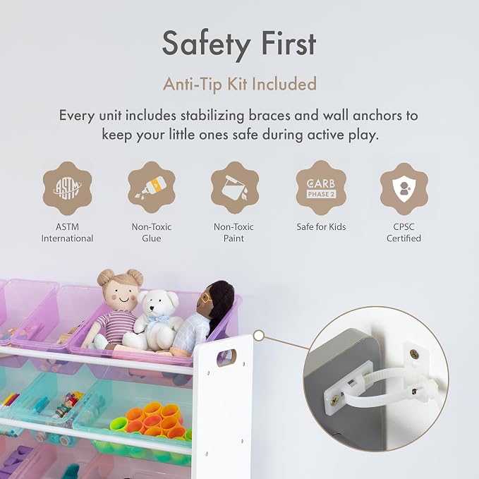 Humble Crew Kids Toy Organizer with 16 Bins, 4 Tier Storage for Playroom | Sturdy wood and steel toddler shelf, removable BPA-free containers, wall anchor anti-tip safety kit for bedroom or classroom - Image 7