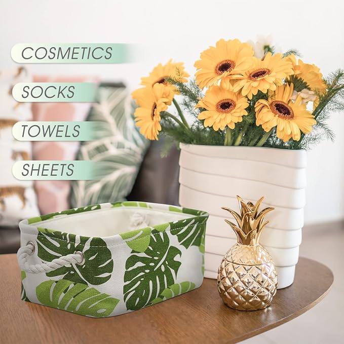 Organization and Storage Basket for Shelves - Small 6 Pack Fabric Storage Bin Collapsible Baskets for Organizing with Handle for Cloth Decorative Laundry Canvas (Banana Leaf 12x8x5.2 inch) - Image 3