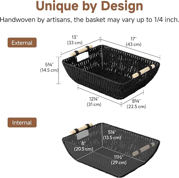 StorageWorks Large Wicker Storage Basket, Paper Rope Storage Baskets, Black | Wicker Storage Baskets for Shelves, Baskets with Wooden Handles, 2-Pack Gifts Basket for Home Decor, Hand-Woven Basket - Image 2