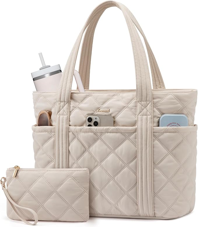 LOVEVOOK Puffer Tote Bag for Women, Puffy Work Handbag with Cup Holder, Travel Carry On Bag with Zipper for Teacher Nurse Gym by LOVEVOOK