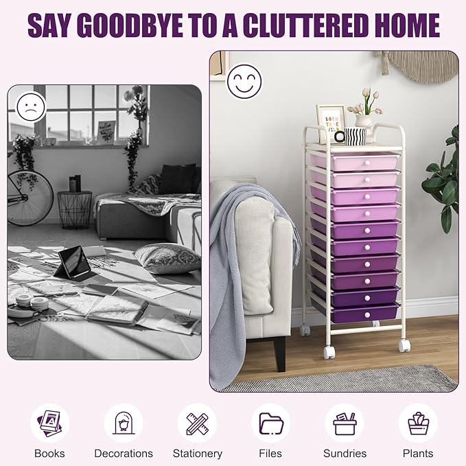 GOFLAME 10-Drawer Rolling Storage Drawer Cart, Utility Cart with Removable Drawers & Metal Frame, Mobile Art Craft Drawer Cart with Lockable Wheels for Home, Office, Studio, School, Purple Gradient - Image 7