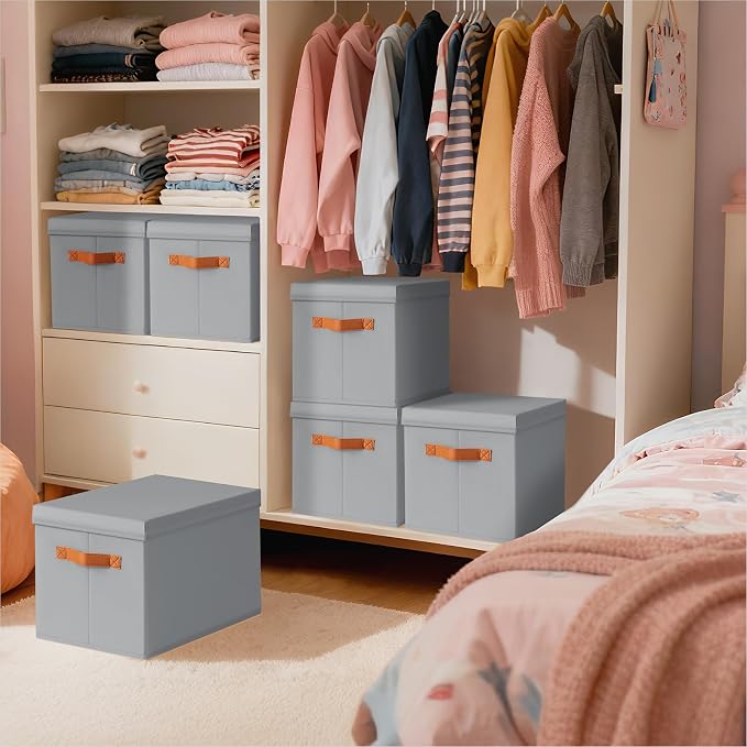 Storage Bins with Lids - Large Fabric Closet Bins with Lid, 8 Pack Clothes Organizers and Storage, Collapsible Stackable Cube Basket for Home, Office, Dorm, Grey - Image 5