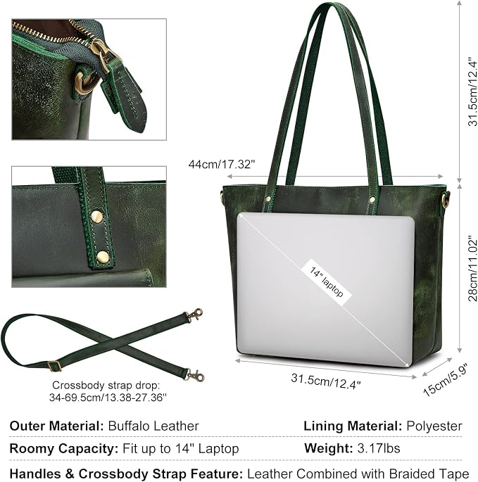 S-ZONE Women Vintage Genuine Leather Tote Bag Large Shoulder Purse Work | 14" Padded Laptop Compartment, Detachable Long Strap, Luggage Strap, Multi Pockets, Travel Everyday - Image 4