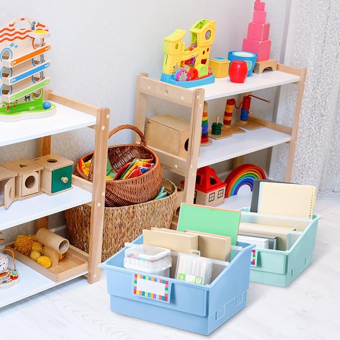 Lineshading 12 Set Picture Book Bin with Divider - Large Plastic Classroom Library Book Bin Shelf Organizer for School, Office, Home, Storage Supplies, Boho Color - Image 6